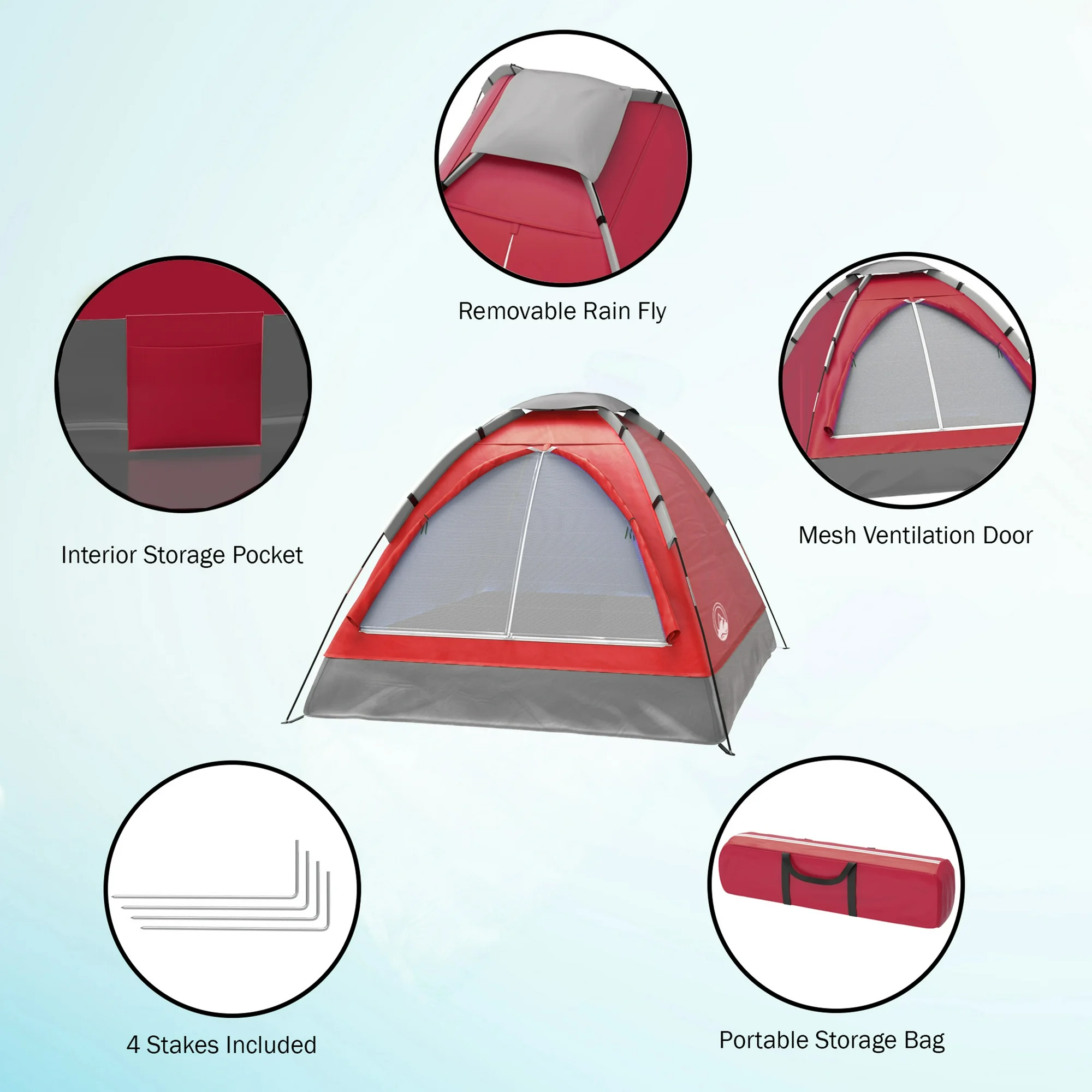 Rruvo 2-Person Dome Tent with Camping Accessories - Including Rain Fly and Carry Bag in Red - Image 4