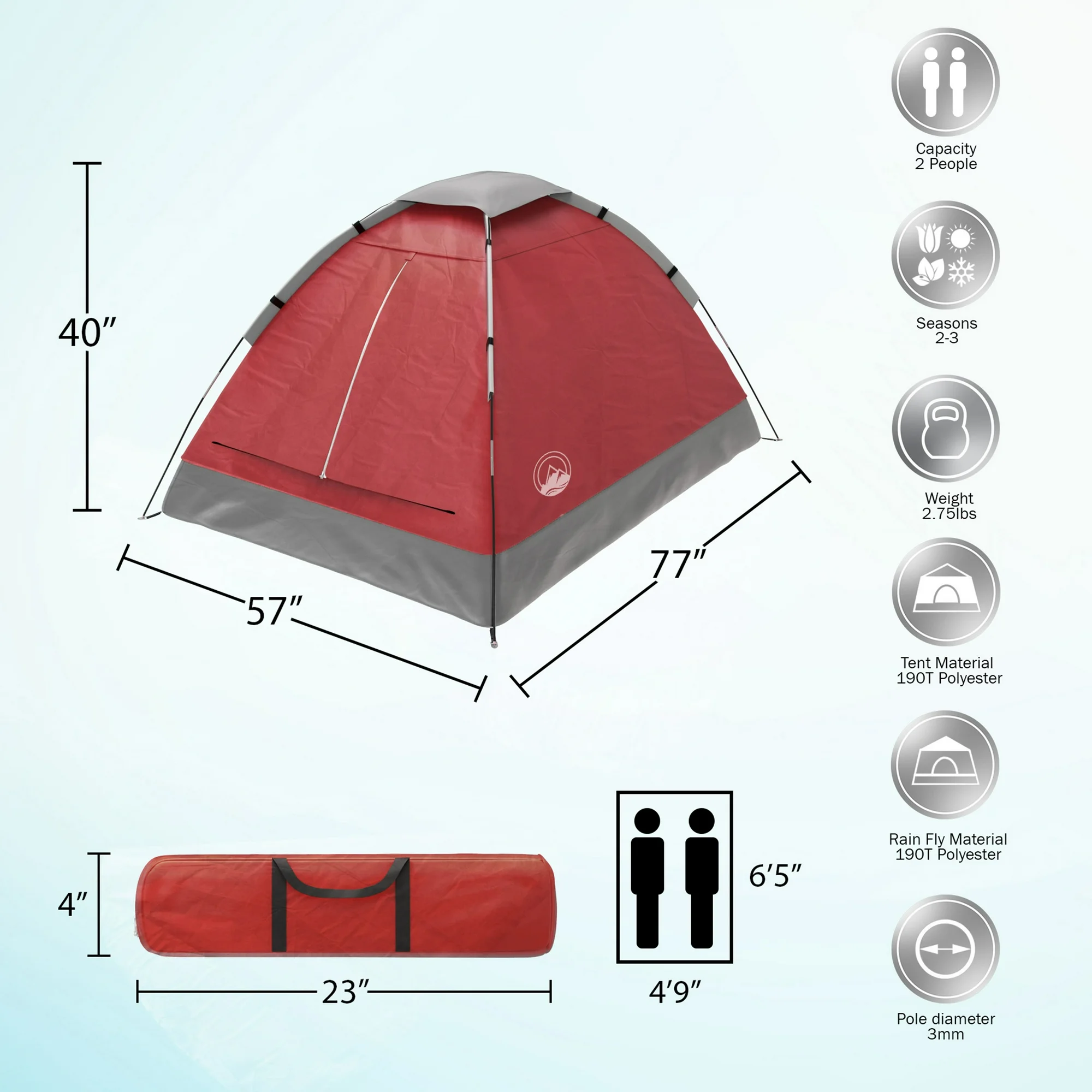Rruvo 2-Person Dome Tent with Camping Accessories - Including Rain Fly and Carry Bag in Red - Image 5